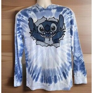 Disney Lilo & Stitch Adult S Blue Tie Dye Hoodie Lightweight Shirt Retro Hippie